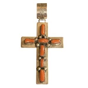 Handmade Native American Pendant Sterling Silver and Coral Cross Vintage Signed